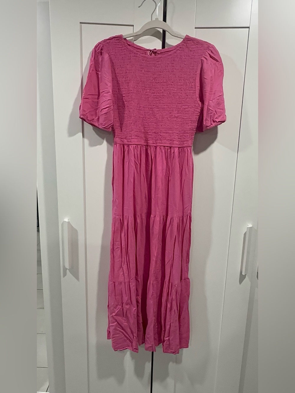 Pink Smocked Puff-Sleeve Maxi Dress